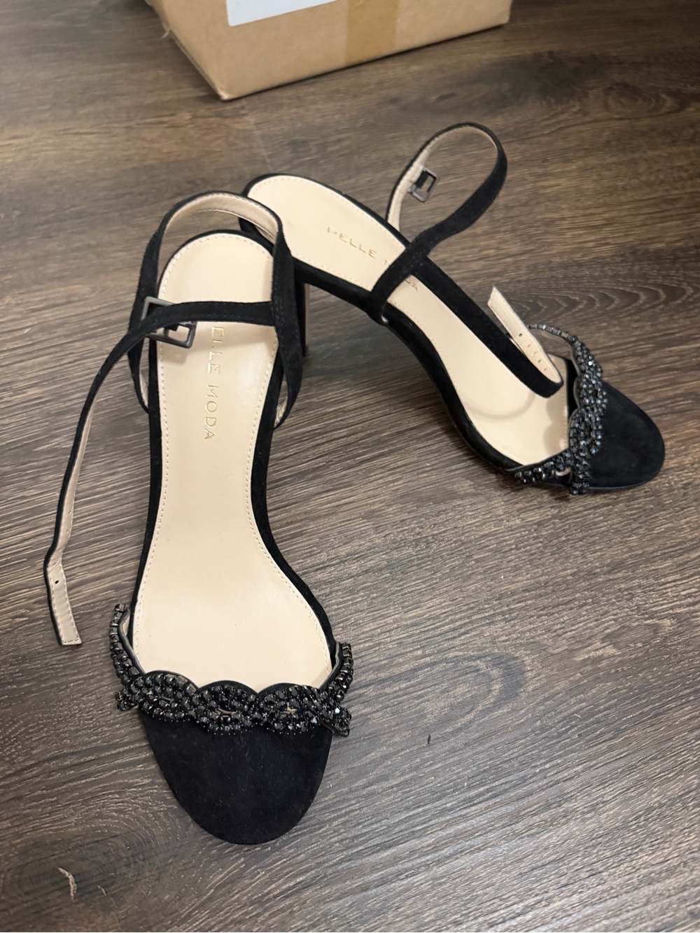 Pelle Moda Black Beaded Ankle-Strap Heels